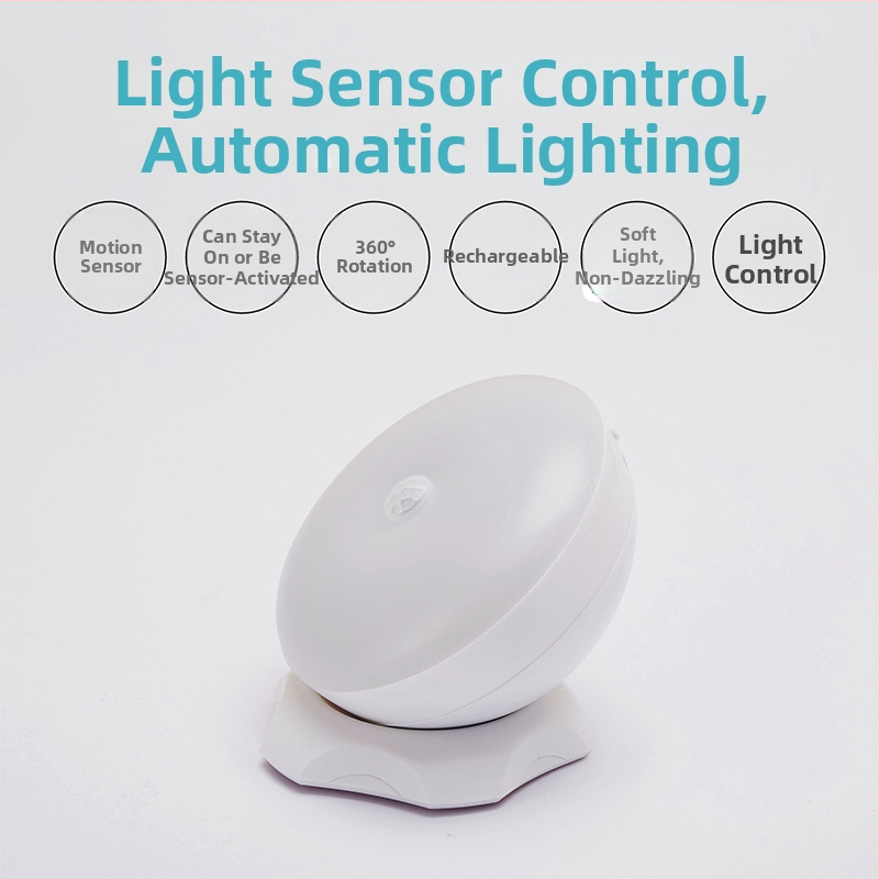 Lumină de noapte LED cu senzor de mișcare, rotire 360°, alimentare cu baterie, întrerupător inductiv, model SNL-1, abajur PC — Corbino