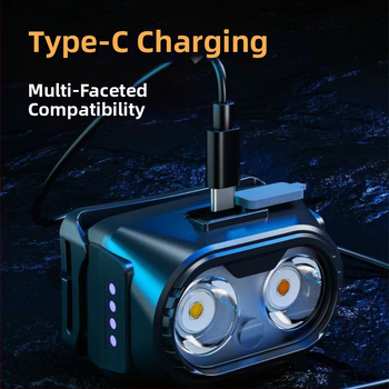 Dubulta LED galvas luktura, uzlāde, Type-C uzlāde, 360° rotācija, darbības diapazons 100–200 m, manuāla enerģijas ģenerēšana