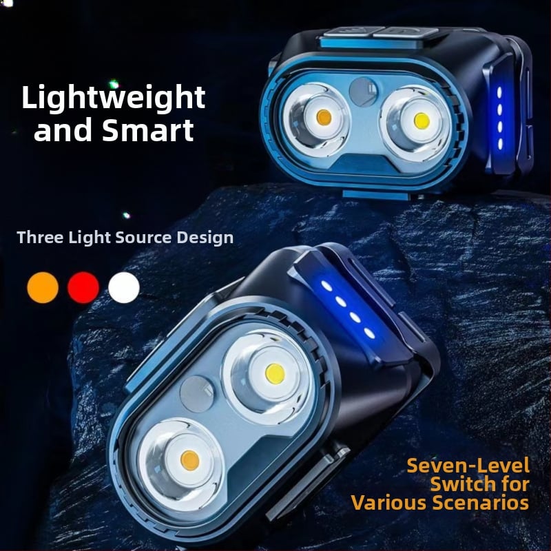 Dubulta LED galvas luktura, uzlāde, Type-C uzlāde, 360° rotācija, darbības diapazons 100–200 m, manuāla enerģijas ģenerēšana