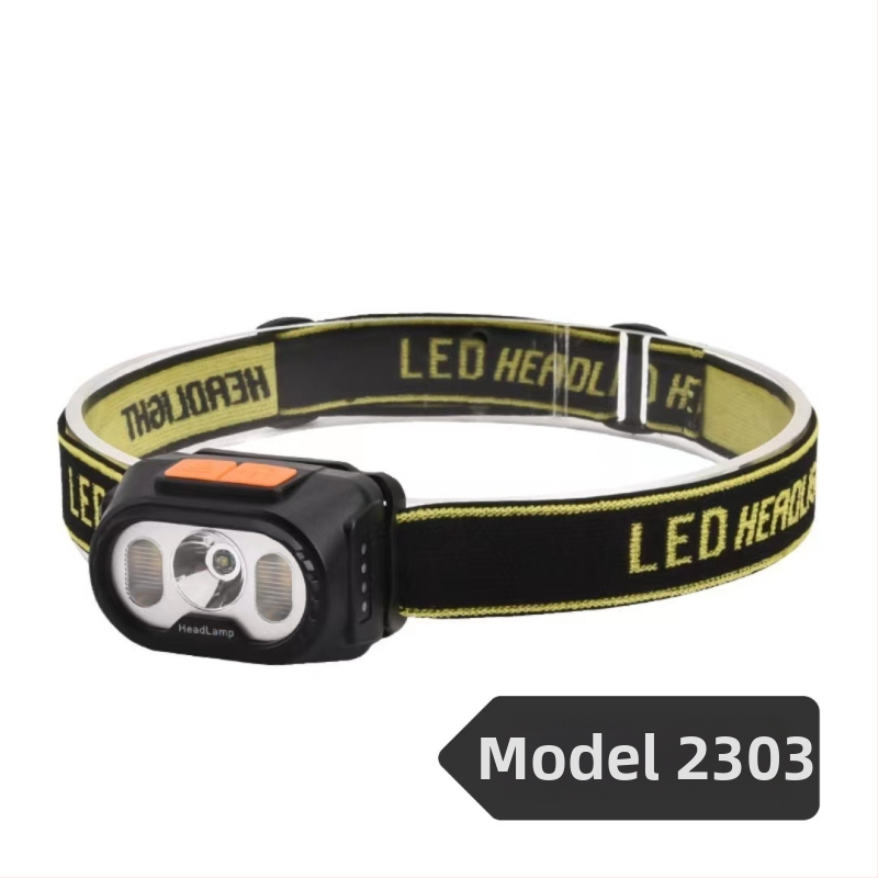 Dubulta LED galvas luktura, uzlāde, Type-C uzlāde, 360° rotācija, darbības diapazons 100–200 m, manuāla enerģijas ģenerēšana