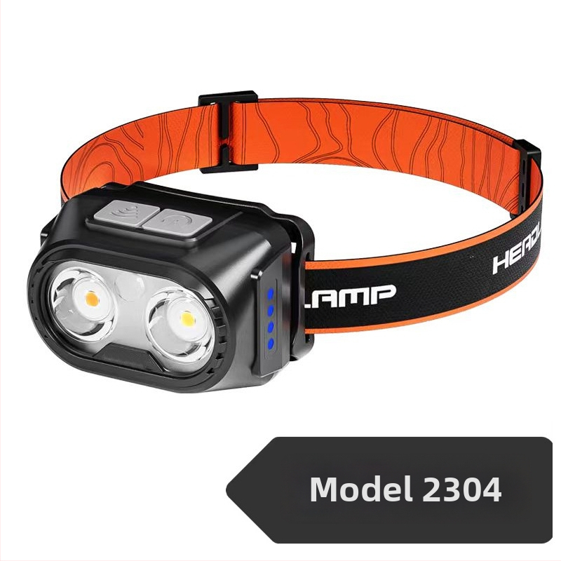 Dubulta LED galvas luktura, uzlāde, Type-C uzlāde, 360° rotācija, darbības diapazons 100–200 m, manuāla enerģijas ģenerēšana