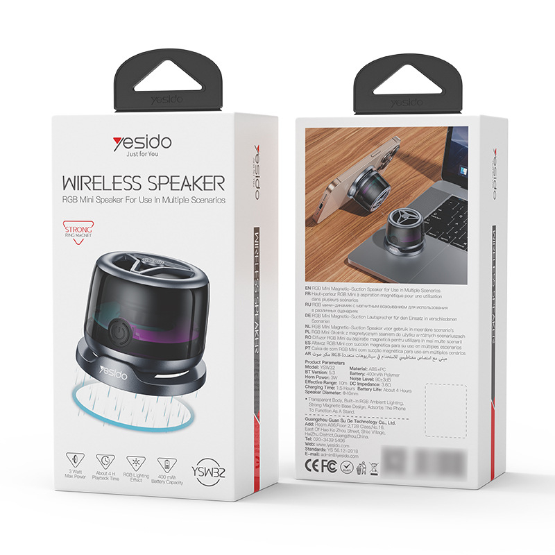 Yesido difuzor Bluetooth cu lumină ambientală, Bluetooth 5.3, interval de frecvență 150 Hz–20 kHz, SNR ≥70 dB, rază de acțiune ≤10 m, putere 3 W