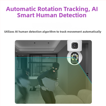 Dvigubos objektyvų kamera vidaus stebėjimui belaidžiu Wi‑Fi ir nuotoline prieiga per telefoną; 0.01 lx minimalus apšvietimas; SNR > 48 dB; -10…50°C; Atšvaitinio apšvietimo kompensavimas; Signalo funkcija