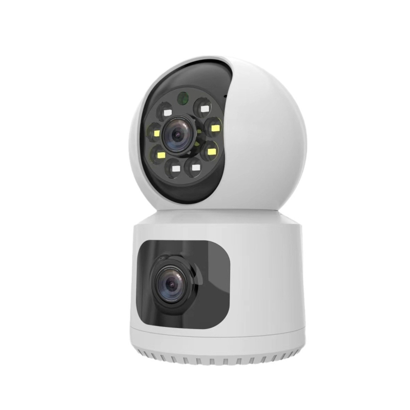 Dvigubos objektyvų kamera vidaus stebėjimui belaidžiu Wi‑Fi ir nuotoline prieiga per telefoną; 0.01 lx minimalus apšvietimas; SNR > 48 dB; -10…50°C; Atšvaitinio apšvietimo kompensavimas; Signalo funkcija