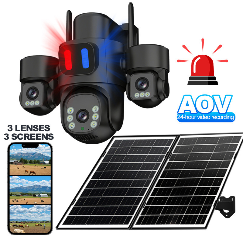 Saulės energijos lauko kamera su trimis objektyvais, signalu ir naktiniu matymu, 4 mm objektyvai, raiška 1920×3240, PTZ 355°/90°