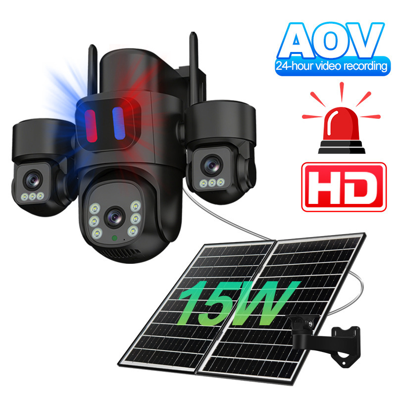 Saulės energijos lauko kamera su trimis objektyvais, signalu ir naktiniu matymu, 4 mm objektyvai, raiška 1920×3240, PTZ 355°/90°