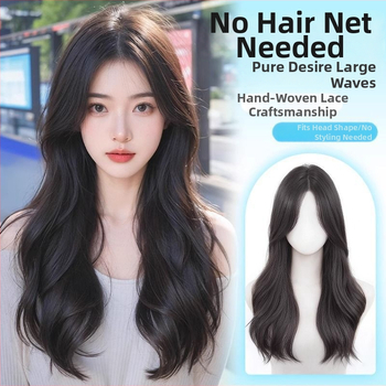 Čipkota parukė moterims su vidiniu dalijimosi, apimti plaukai su dideliais bangais; pluoštai atsparūs temperatūrai; modelis: čipkota dalis; technologija: mechanizmas; negalima dažyti ar perm