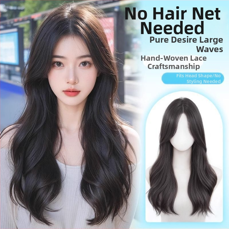 Čipkota parukė moterims su vidiniu dalijimosi, apimti plaukai su dideliais bangais; pluoštai atsparūs temperatūrai; modelis: čipkota dalis; technologija: mechanizmas; negalima dažyti ar perm