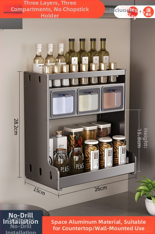 Nástenný stojan na korenie — Ermo, nerezová oceľ, bez vŕtania, viacposchodový, moderný minimalistický dizajn