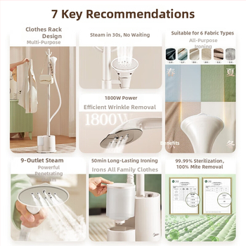 Midea tvaika gludināšanas iekārta drēbēm – rokas un vertikālais tvaika gludināšanas ierīce, sterilizācija un ērīšu noņemšana, modelis YGJ18DB, 111–240V