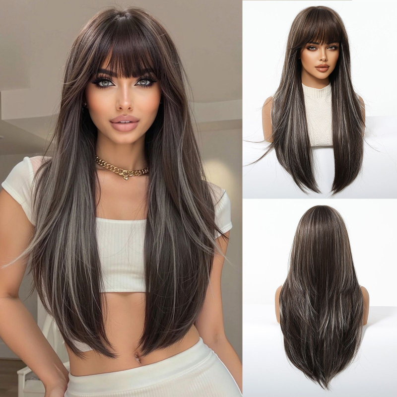 Parūka ar garām taisniem matiem un Qi bangs, augstas temperatūras šķiedra, modelis lc288-1, zīmols La Sylphide, stils Star Fashion