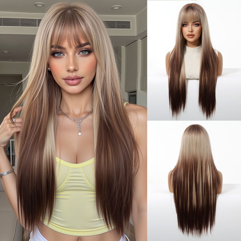 Parūka ar garām taisniem matiem un Qi bangs, augstas temperatūras šķiedra, modelis lc288-1, zīmols La Sylphide, stils Star Fashion