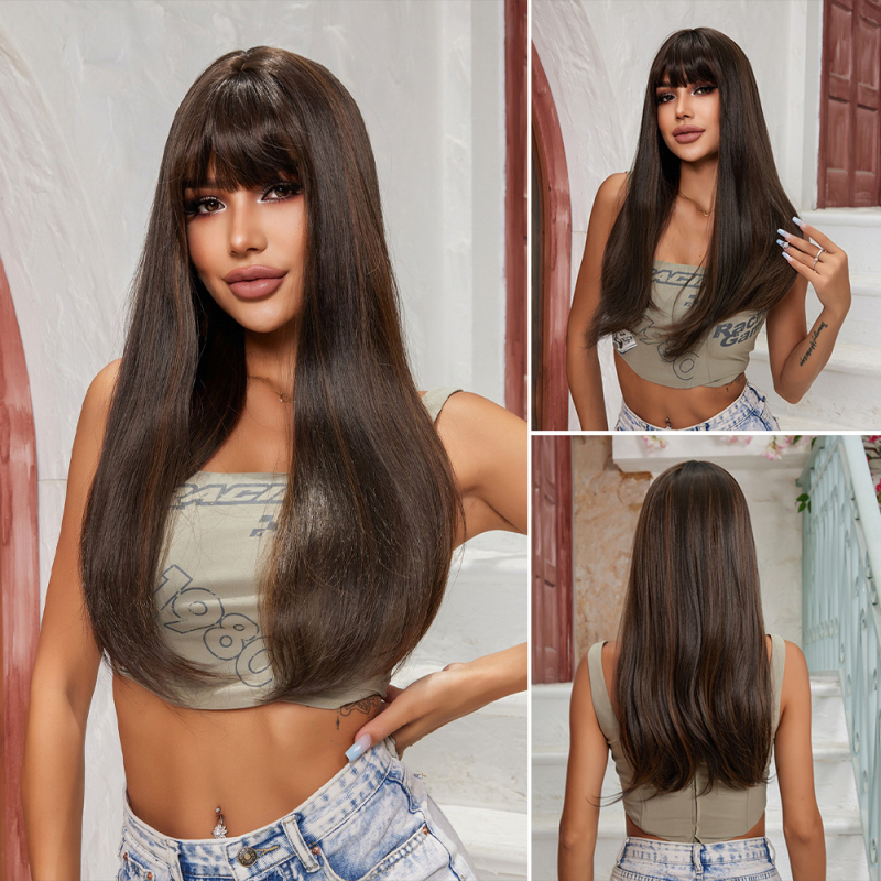 Parūka ar garām taisniem matiem un Qi bangs, augstas temperatūras šķiedra, modelis lc288-1, zīmols La Sylphide, stils Star Fashion