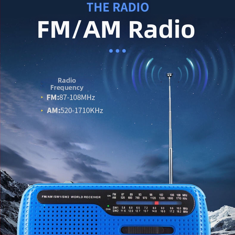 Ārējā ārkārtas LED gaisma ar FM/AM radio, saules enerģija un rokas uzlāde, USB uzlāde, daudzdiapazonu uztvērējs, 3.7V, 0.14W, 1000–1999mAh, frekvence 20–3000