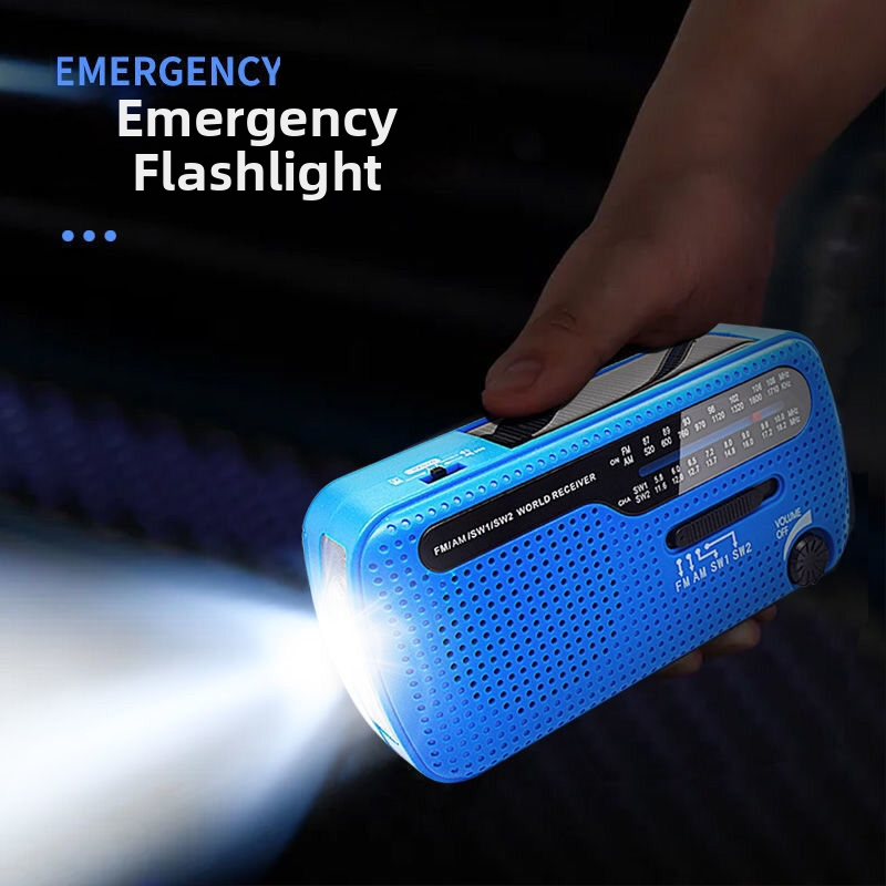 Ārējā ārkārtas LED gaisma ar FM/AM radio, saules enerģija un rokas uzlāde, USB uzlāde, daudzdiapazonu uztvērējs, 3.7V, 0.14W, 1000–1999mAh, frekvence 20–3000
