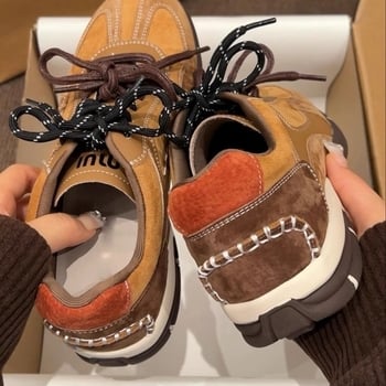 Langui Moterų sportbačiai su stora padą ir vidiniu aukščio didinimu, odinis viršus, raišteliai, guminė pada