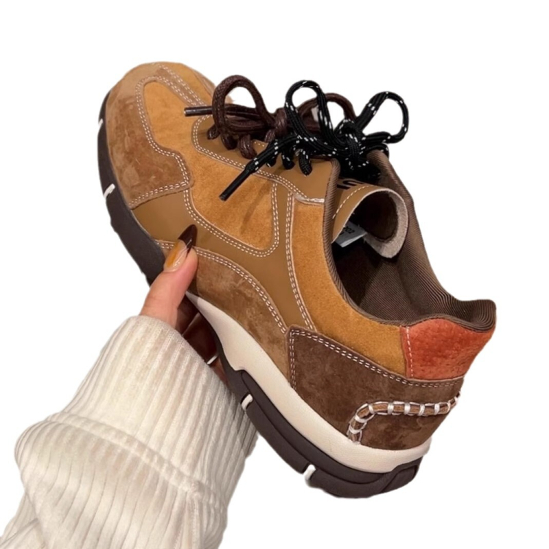 Langui Moterų sportbačiai su stora padą ir vidiniu aukščio didinimu, odinis viršus, raišteliai, guminė pada