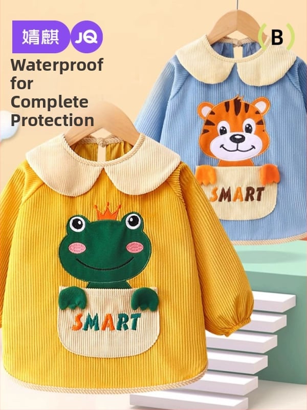Baby korduró vízálló smock étkezéshez, uniszex, cartoon mintával, poliészter anyag