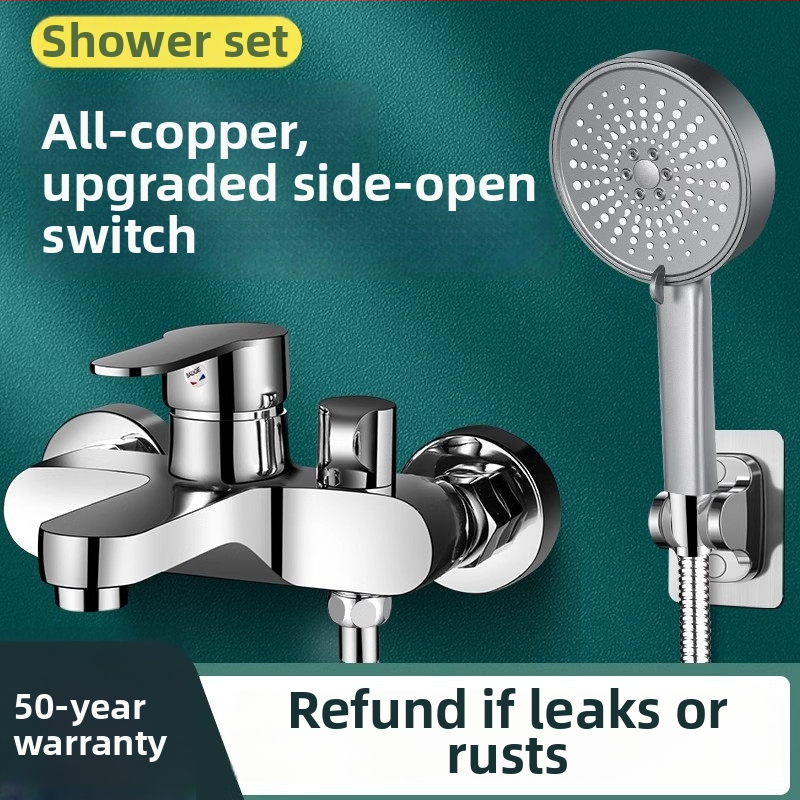 Paslėpta sieninė dušo komplektas iš vario, su purškimo, masažo, burbulų ir lietaus funkcijomis; apvali dušo galva; darbinė temperatūra 0-80°C