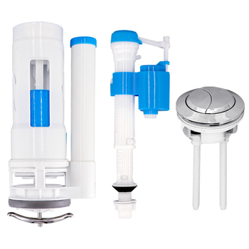 Комплект клапани за тоалетна с водосъхраняващ бустер: дренажен клапан, входен клапан и бутон за промиване; Материал: PP; Марка: Excellent; Режим на използване: натискане; Стил: модерен минимализъм