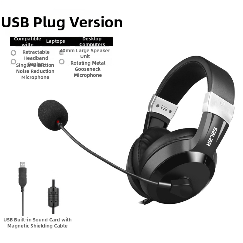 USB juhtmega peakomplekt sisseehitatud helikaardiga ja mikrofoniga, 40 mm draiverid, sagedusvahemik 20 kHz, takistus 32 Ω, kaabli pikkus 2,7 m