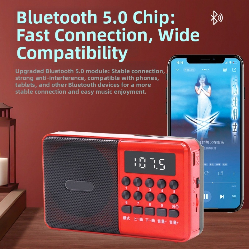 C6 daudzfunkcionāls Bluetooth radio MP3 karaoke atskaņotājs ar digitālo displeju; USB/TF atskaņošana; 5W jauda; SNR ≥53 dB; Akumulators 1000–1999 mAh