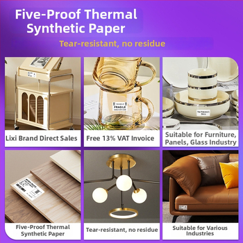 Mēbeļu etiķetes papīrs – termiskā sintētiskā papīra, noņemamais līmējums, izgriezts taisnstūris, Glassine pamats, temperatūras izturība 70°C