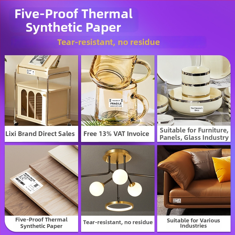 Mēbeļu etiķetes papīrs – termiskā sintētiskā papīra, noņemamais līmējums, izgriezts taisnstūris, Glassine pamats, temperatūras izturība 70°C