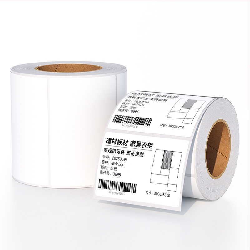 Mēbeļu etiķetes papīrs – termiskā sintētiskā papīra, noņemamais līmējums, izgriezts taisnstūris, Glassine pamats, temperatūras izturība 70°C