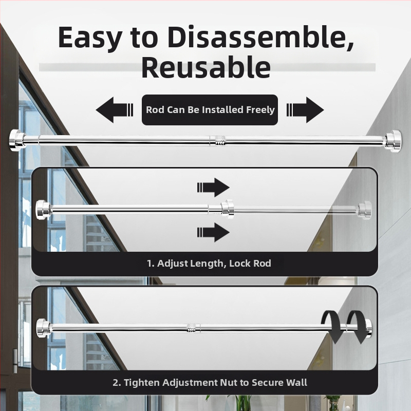 Teleskopinė nerūdijančio plieno lazda vonios kambariui – šiuolaikinis minimalistinis dizainas, skirta dušo užuolaidoms, drabužių laikikliui ir garderobei; prekinis ženklas Shuntiancai