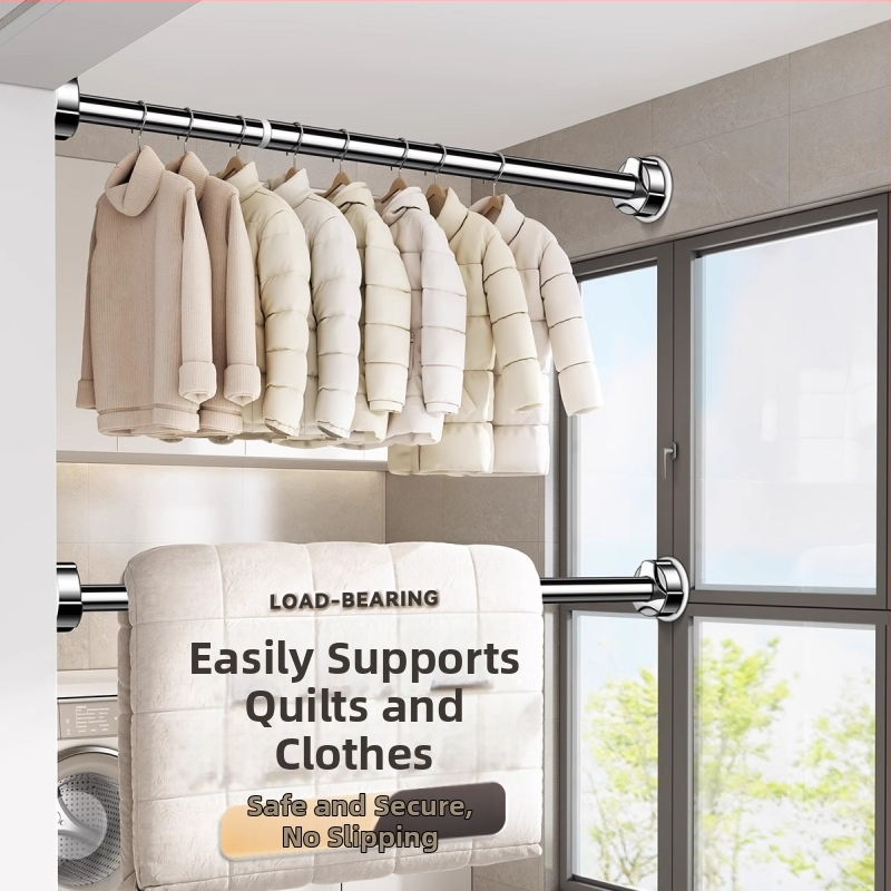 Teleskopinė sieninė drabužių džiovyklė lazdelė — nerūdijančio plieno, vonios kambarys, šiuolaikiškas minimalistinis stilius, išleista 2024 m.