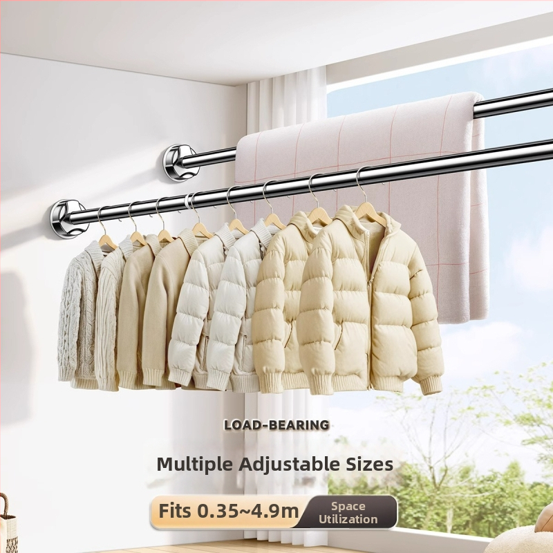 Teleskopinė sieninė drabužių džiovyklė lazdelė — nerūdijančio plieno, vonios kambarys, šiuolaikiškas minimalistinis stilius, išleista 2024 m.