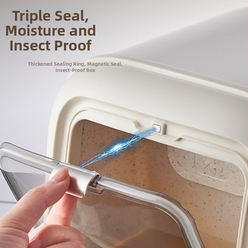 Ryžių laikymo dėžutė, sandari, atspari drėgmei ir kenkėjams; medžiaga: PP plastikas; šiuolaikinis minimalistinis dizainas.