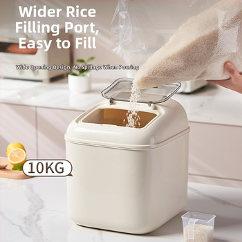 Ryžių laikymo dėžutė, sandari, atspari drėgmei ir kenkėjams; medžiaga: PP plastikas; šiuolaikinis minimalistinis dizainas.