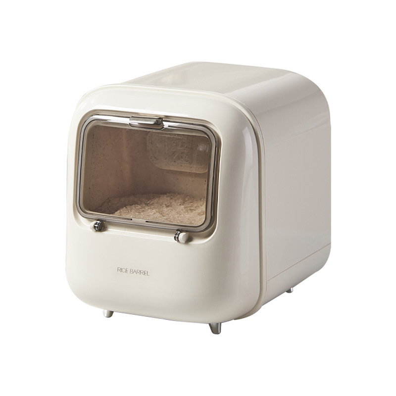Ryžių laikymo dėžutė, sandari, atspari drėgmei ir kenkėjams; medžiaga: PP plastikas; šiuolaikinis minimalistinis dizainas.