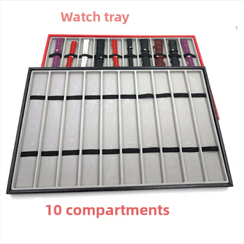 Pulksteņu displeja statīvs ar 10 nodalījumiem – pulksteņu uzglabāšana; materiāli: MDF, blister, PU āda, flanelis; tolerances 3–5 mm; juvelierizstrādājumu iepakojums