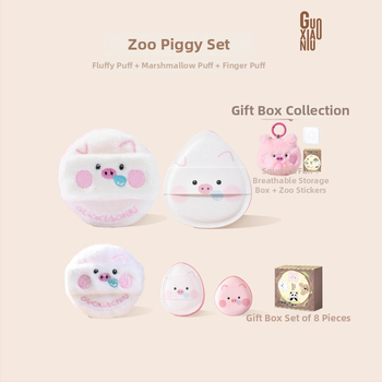Guo Xiaoniu Dārza Dzīvnieku Sērija – Pūderu pūtēju komplekts mitrai un sausai lietošanai, iekļauj 2 pūkotas pūces, 1 marshmallow pūku, 2 pirkstu pūķi, uzglabāšanas kārba; Materiāli: poliesters, sūklis, ruby cell, elastīgais sūklis, PU āda