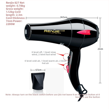 Renji 827 Plaukų džiovintuvas - 2200W, Karštas ir šaltas oras, šepetėlių variklis, 220V, ABS korpusas