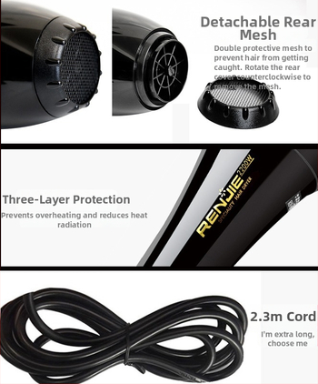 Renji 827 Plaukų džiovintuvas - 2200W, Karštas ir šaltas oras, šepetėlių variklis, 220V, ABS korpusas