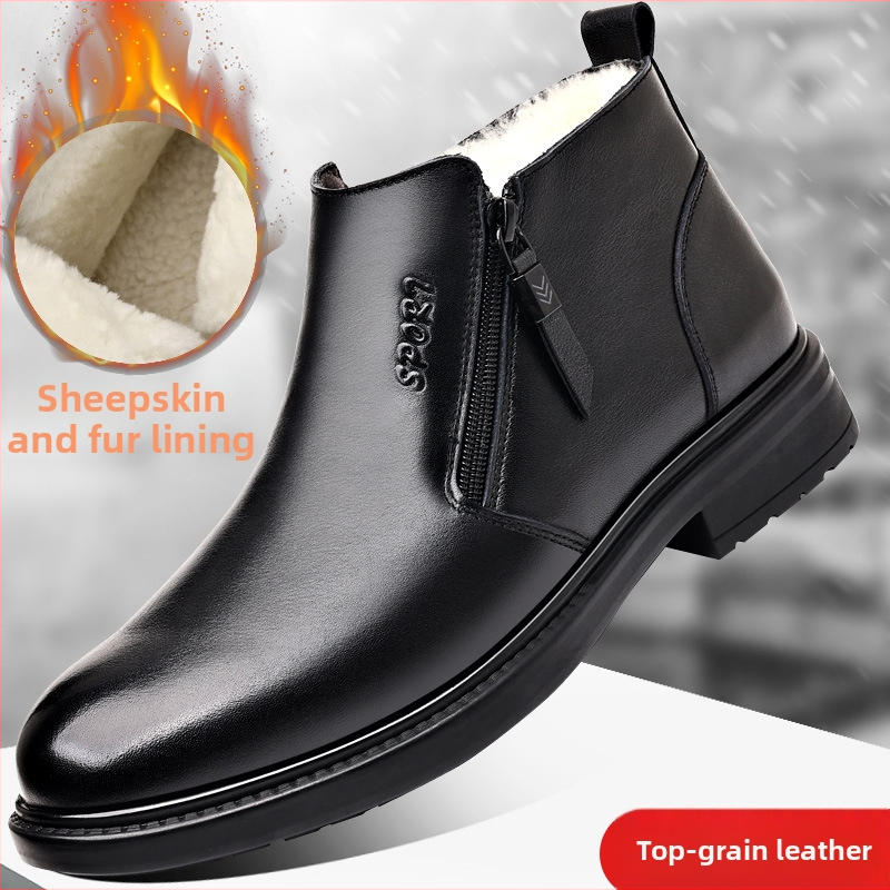 Žieminės vyriškos šlepetės iš pirmosios karvės odos, vilnine įdaila, šoninis užtrauktukas, guminė pada