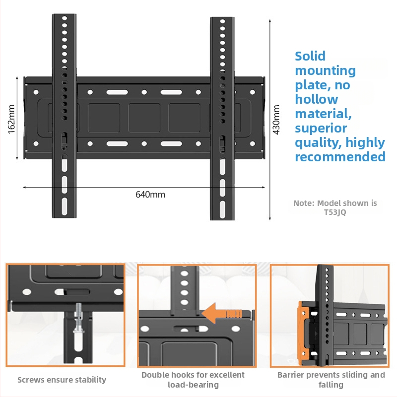 Stiprintas universalus televizoriaus laikiklis sienos montažui, plieno konstrukcija iš aukštos kokybės šaltai valcuoto plieno, apkrova daugiau nei 15 kg, įtrauktas kilpos ir sieninis kabinimas