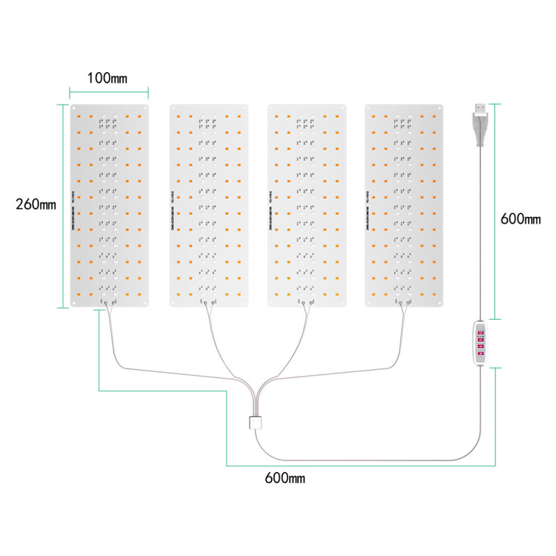 LED vidaus augalų augimo šviesa su 288 LED, įėjimas 5V, IP42 apsauga, mygtukinė kontrolė, tarnavimo laikas 50 000 h