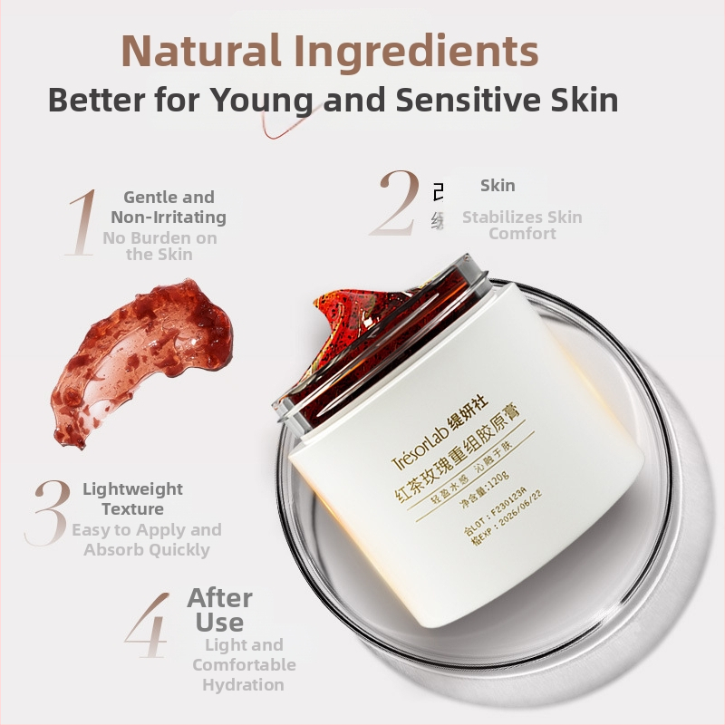 Tiyanhe Kreem-Gel Mask Rekombinantne Kollageen Musta Tee ja Roosi – Niisutav, Pooride Silendamine, Normaalsele Nahale, 120 ml, 3-aastane Säilivusaeg