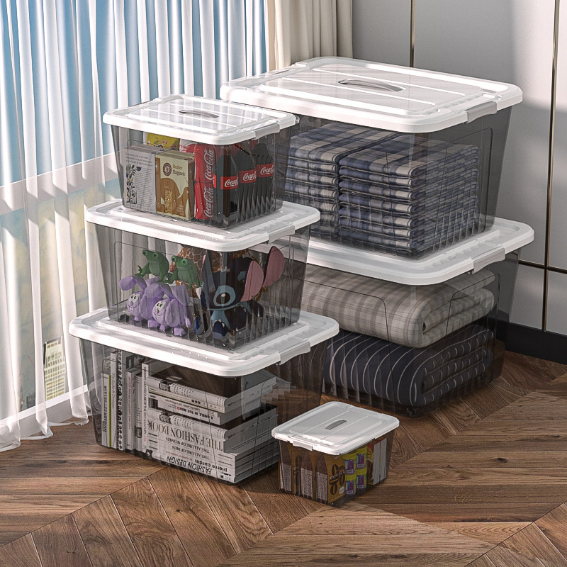 Riidekasti ladustamiskast, läbipaistev disain, 50–60 L maht, PP plastikust, mitmekülgne, tolmu- ja niiskuskindel