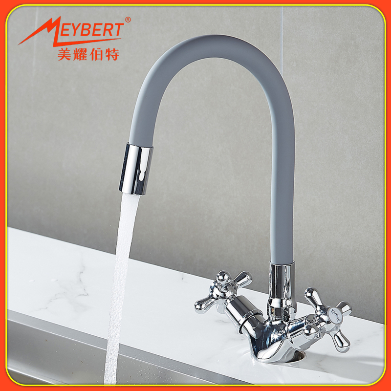 Кухненски кран от цинкова сплав, горещо/студено, въртящ се универсален тръбопровод, вход 1/2-инч, изход 1/2-инч, работна температура 0–90°C, цял меден клапан, електрополирана повърхност