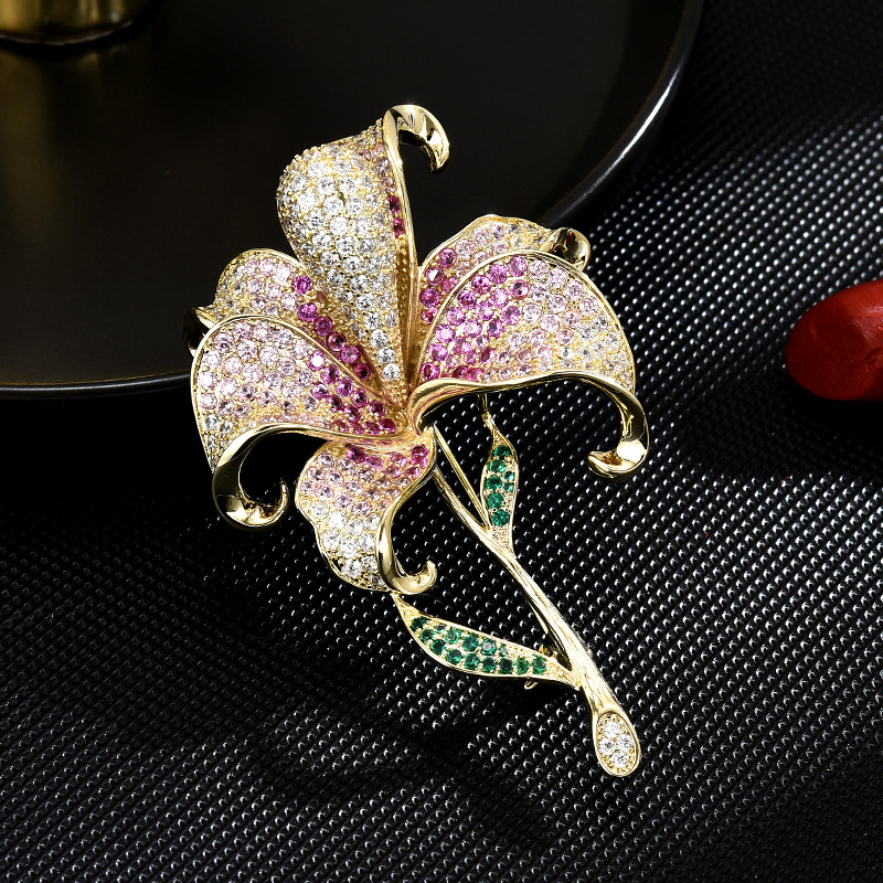 Bakrena cvjetna broš s dijamantnom obradom, Art Park, ženski korejski stil, dekorativni dodatak.