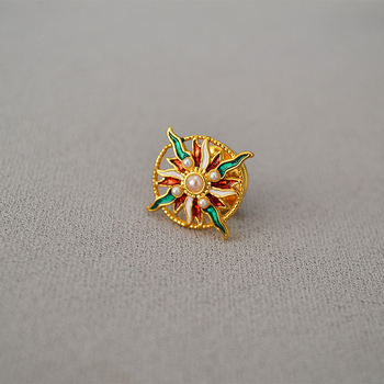 Brosa od bakra s emajlom, motiv suncokreta s geometrijskim dizajnom, kapljasti završni premaz, dekorativni ženski dodatak