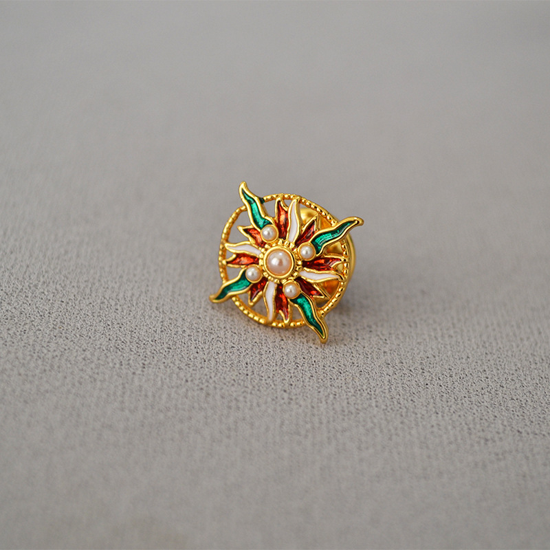 Brosa od bakra s emajlom, motiv suncokreta s geometrijskim dizajnom, kapljasti završni premaz, dekorativni ženski dodatak