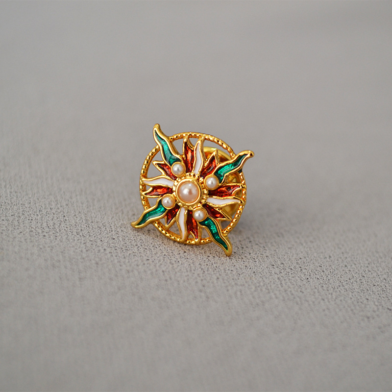Brosa od bakra s emajlom, motiv suncokreta s geometrijskim dizajnom, kapljasti završni premaz, dekorativni ženski dodatak