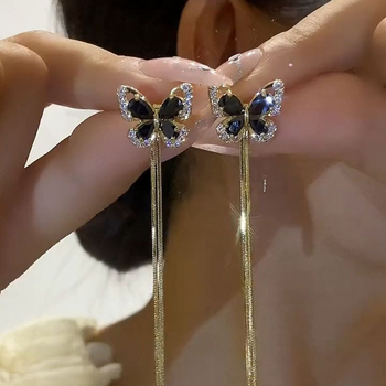 Kõrvarõngad liblika motiiviga ja tassel-kujuga, vaskmaterjal, tsirkoonidega sissekistud, elegantne stiil